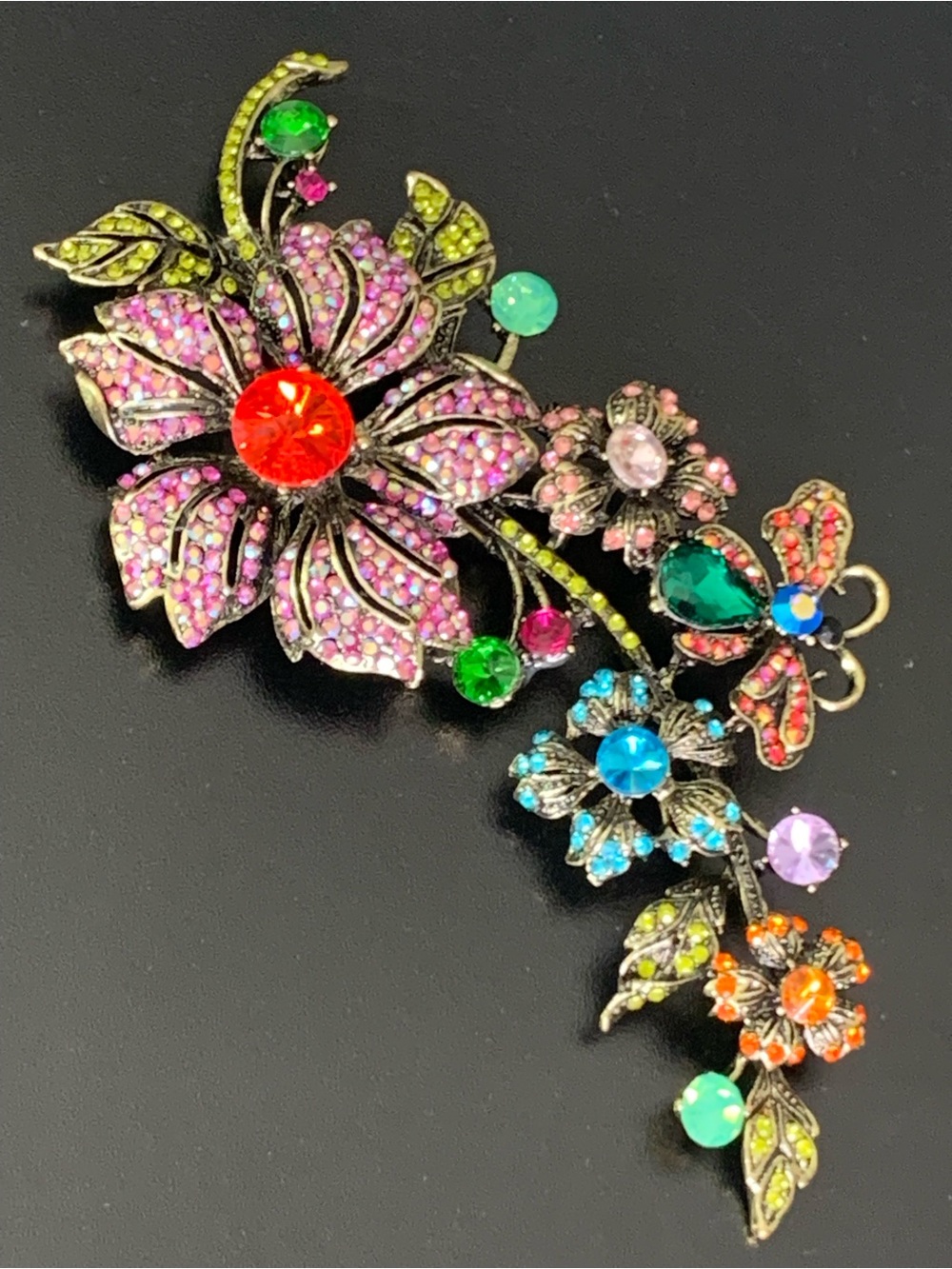 Unique statement Vintage Large Colorful Floral Crystal Rhinestone Brooch